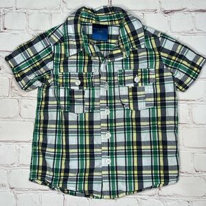 Toddler short sleeve green and yellow plaid button down shirt